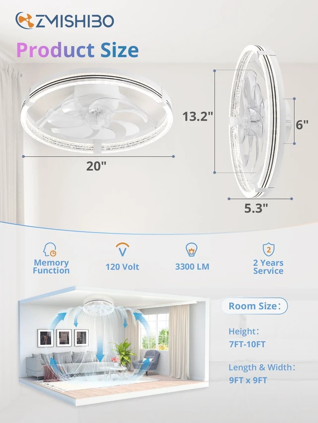 Alt view image 6 of 7 - RGB Ceiling Fan with Light, 20'' Low Profile Ceiling Fans Flush Mount Modern Ceiling Fan and Remote Control, 3000K-7000K Dimmable & RGB, Modern Fandelier for Bedroom, Living Room