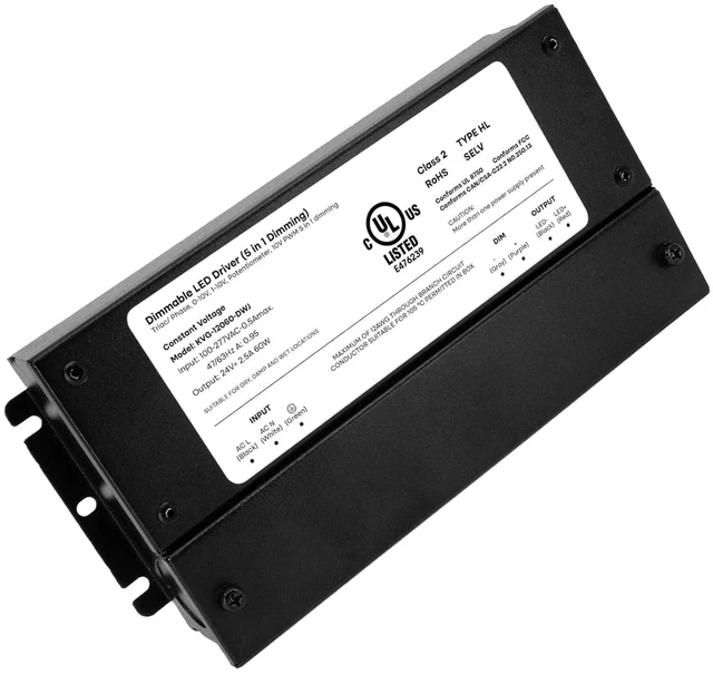Main image of 24V 60W Dimmable LED Driver Smooth Flicker Free Dimming TRIAC, 0-10V, Phase Cut, & 10V PWM Compatible with Lutron and Leviton Dimmer Switches, UL Listed, Class 2, 100-277V AC 2.5A DC