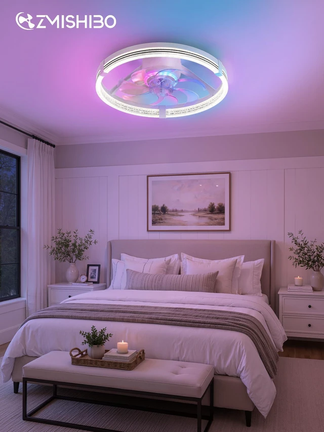 Alt view image 7 of 7 - RGB Ceiling Fan with Light, 20'' Low Profile Ceiling Fans Flush Mount Modern Ceiling Fan and Remote Control, 3000K-7000K Dimmable & RGB, Modern Fandelier for Bedroom, Living Room
