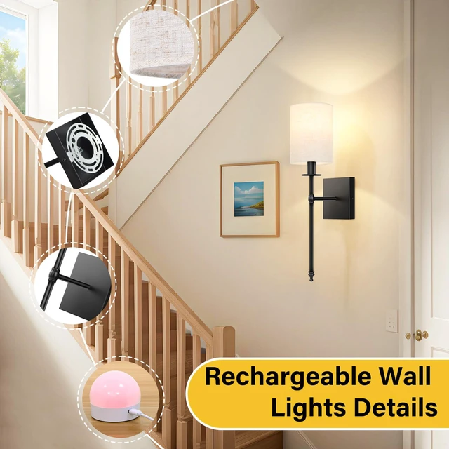 Alt view image 7 of 7 - 19 inch Battery Operated Wall Sconces Set of 2 with Remote, Rechargeable Wireless Wall Lights with Beige Fabric Shade, Indoor Not Hardwired Dimmable for Bedroom Living Room Decor