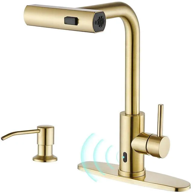 Main image of Touchless Kitchen Faucets with Sprayer & Soap Dispenser, Gold Brushed Gold, Waterfall, Single Hole & Handle, Pull Out Sink Faucet, Suitable for Farmhouse Camper Laundry Rv Bar