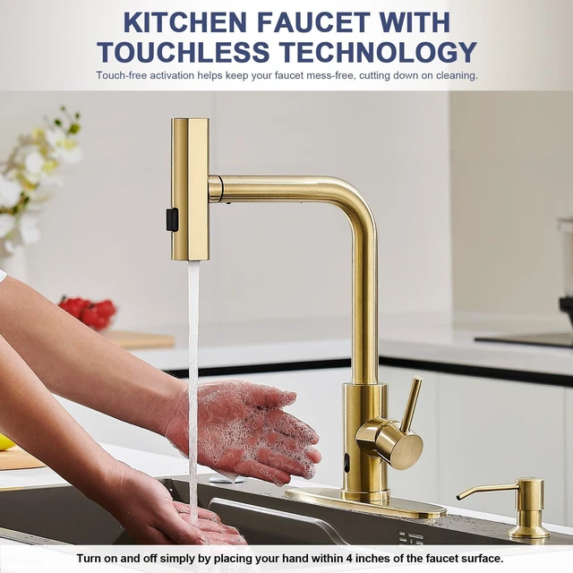 Alt view image 2 of 7 - Touchless Kitchen Faucets with Sprayer & Soap Dispenser, Gold Brushed Gold, Waterfall, Single Hole & Handle, Pull Out Sink Faucet, Suitable for Farmhouse Camper Laundry Rv Bar