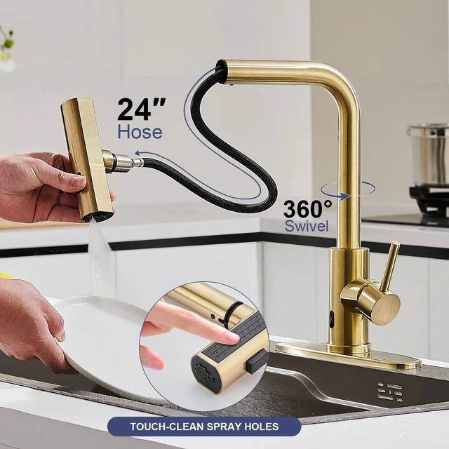 Alt view image 4 of 7 - Touchless Kitchen Faucets with Sprayer & Soap Dispenser, Gold Brushed Gold, Waterfall, Single Hole & Handle, Pull Out Sink Faucet, Suitable for Farmhouse Camper Laundry Rv Bar