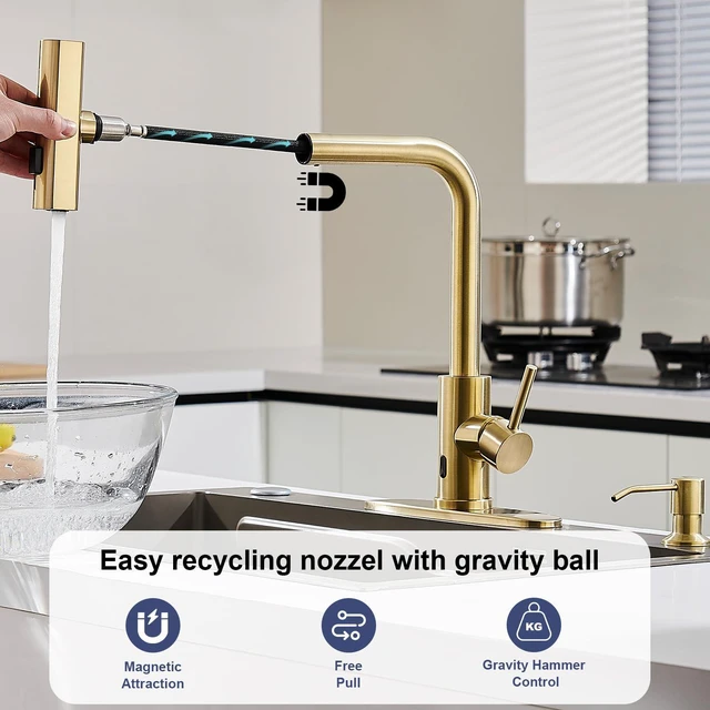 Alt view image 5 of 7 - Touchless Kitchen Faucets with Sprayer & Soap Dispenser, Gold Brushed Gold, Waterfall, Single Hole & Handle, Pull Out Sink Faucet, Suitable for Farmhouse Camper Laundry Rv Bar