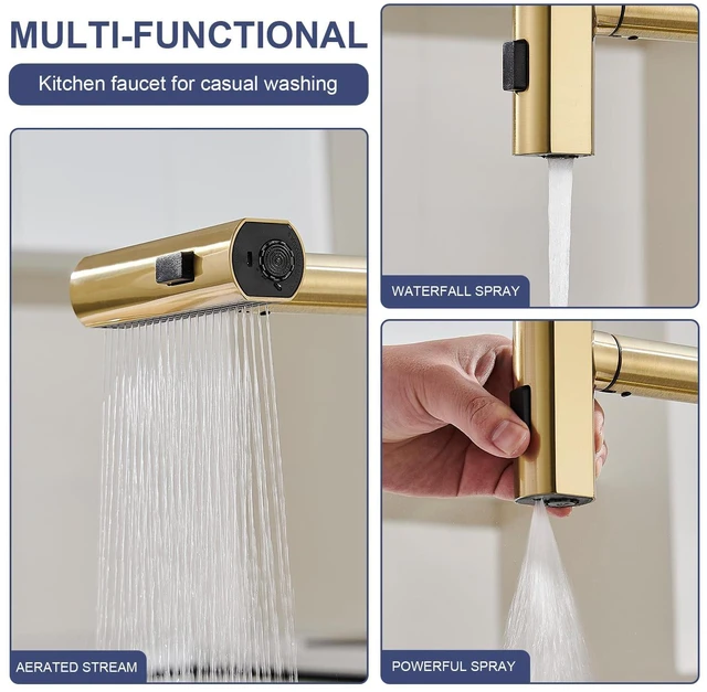 Alt view image 3 of 7 - Touchless Kitchen Faucets with Sprayer & Soap Dispenser, Gold Brushed Gold, Waterfall, Single Hole & Handle, Pull Out Sink Faucet, Suitable for Farmhouse Camper Laundry Rv Bar
