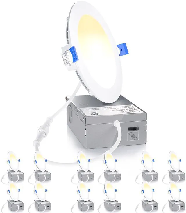Main image of 12 Pack 4 Inch LED Recessed Light, 5CCT Dimmable Canless Wafer 2700K-5000K Selectable, 5%-100% Dimmable, 750LM 9W 120V, IC & Damp Rated, ETL & FCC & UL Certified, 50000h Life Span