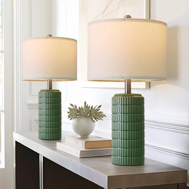 Alt view image 3 of 7 - 24" Modern Ceramic Table Lamps Set of 2 for Bedroom, Green Bedside Lamps for Night Stands, Farmhouse House Decor Nightstand Table Lamps for Living Room End Table Green