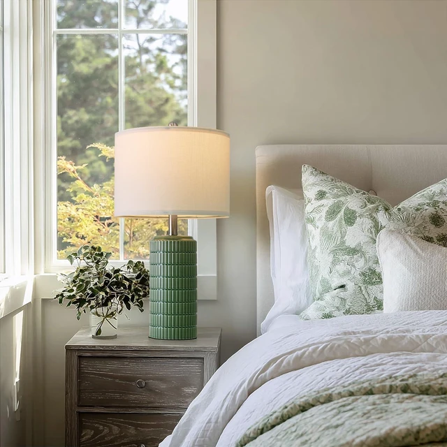 Alt view image 5 of 7 - 24" Modern Ceramic Table Lamps Set of 2 for Bedroom, Green Bedside Lamps for Night Stands, Farmhouse House Decor Nightstand Table Lamps for Living Room End Table Green
