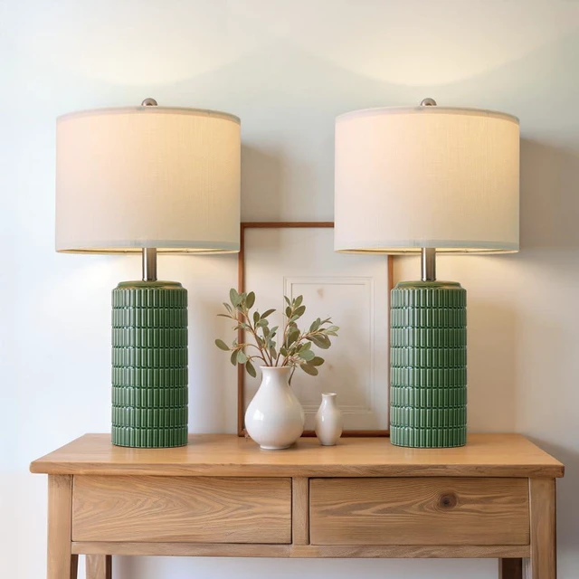 Alt view image 6 of 7 - 24" Modern Ceramic Table Lamps Set of 2 for Bedroom, Green Bedside Lamps for Night Stands, Farmhouse House Decor Nightstand Table Lamps for Living Room End Table Green