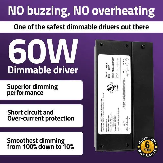 Alt view image 3 of 7 - 24V 60W Dimmable LED Driver Smooth Flicker Free Dimming TRIAC, 0-10V, Phase Cut, & 10V PWM Compatible with Lutron and Leviton Dimmer Switches, UL Listed, Class 2, 100-277V AC 2.5A DC