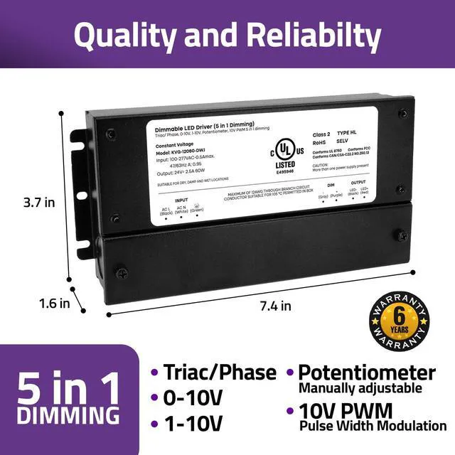 Alt view image 5 of 7 - 24V 60W Dimmable LED Driver Smooth Flicker Free Dimming TRIAC, 0-10V, Phase Cut, & 10V PWM Compatible with Lutron and Leviton Dimmer Switches, UL Listed, Class 2, 100-277V AC 2.5A DC