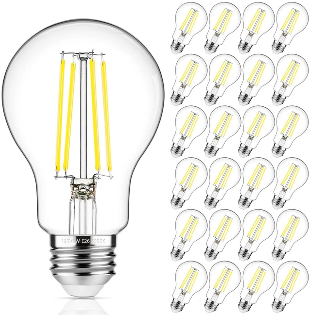 Main image of 60W Equivalent E26 LED Filament Light Bulbs, 850LM Daylight White 5000K Efficient 6W A19 Edison Bulb, Non-Dimmable Medium Base, 24-Pack
