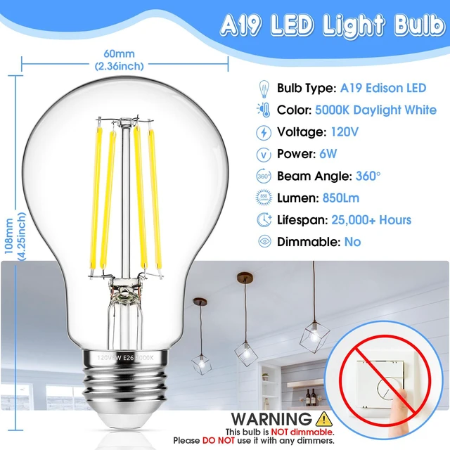 Alt view image 3 of 7 - 60W Equivalent E26 LED Filament Light Bulbs, 850LM Daylight White 5000K Efficient 6W A19 Edison Bulb, Non-Dimmable Medium Base, 24-Pack