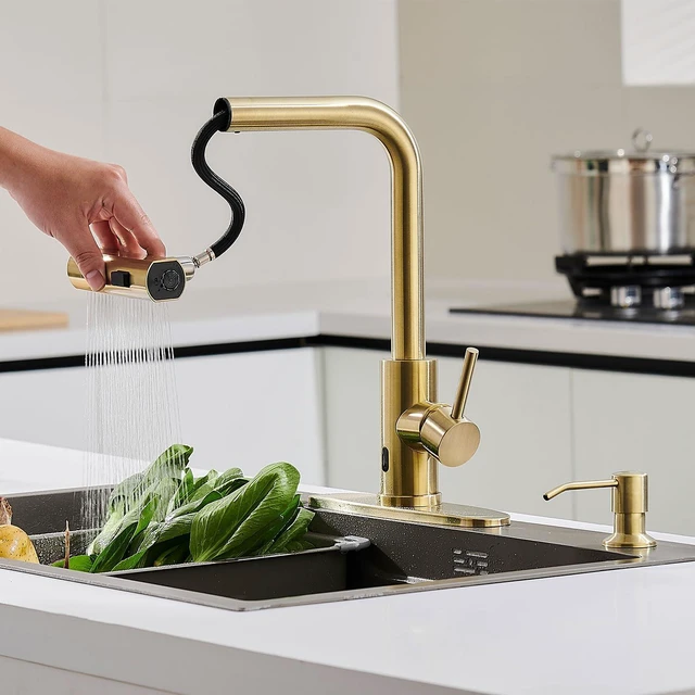 Alt view image 7 of 7 - Touchless Kitchen Faucets with Sprayer & Soap Dispenser, Gold Brushed Gold, Waterfall, Single Hole & Handle, Pull Out Sink Faucet, Suitable for Farmhouse Camper Laundry Rv Bar