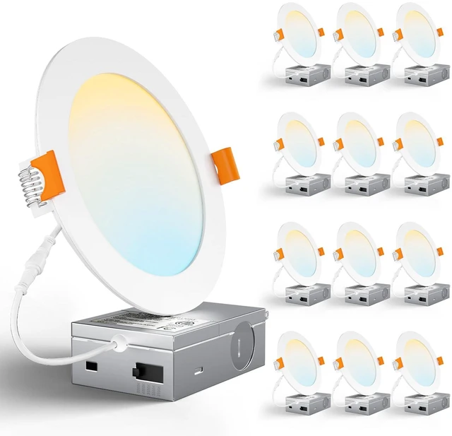 Main image of 12 Pack 6 Inch Ultra-Thin 5CCT LED Recessed Ceiling Light,Canless 1050LM, 2700K-5000K Selectable,12W Eqv 110W,5%-100% Dimmable,Wafer Downlights with Junction Box,ETL & Energy Star & FCC