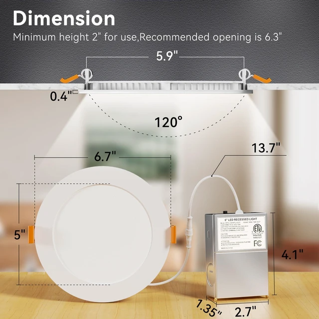 Alt view image 5 of 7 - 12 Pack 6 Inch Ultra-Thin 5CCT LED Recessed Ceiling Light,Canless 1050LM, 2700K-5000K Selectable,12W Eqv 110W,5%-100% Dimmable,Wafer Downlights with Junction Box,ETL & Energy Star & FCC
