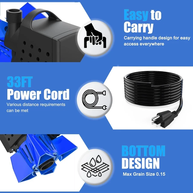 Alt view image 6 of 6 - 3200GPH Pool Cover Pump, Submersible Sump Pump above Ground Drain Hose, 25FT Power Cord, 3 Adapters, Fast Water Removal for Pool Covers, Ponds, Basements and Flooded Areas