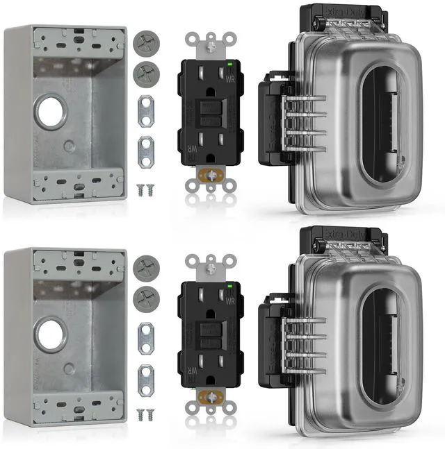 Main image of Outdoor GFCI Outlet with in Use Cover and Box Kit, 1 Gang, 15 Amp TRWR Self-Test GFI Receptacle, Extra Duty Metallic Electrical Outlet Box, Lockable in Use Cover, UL Listed, Black, 2 Pack