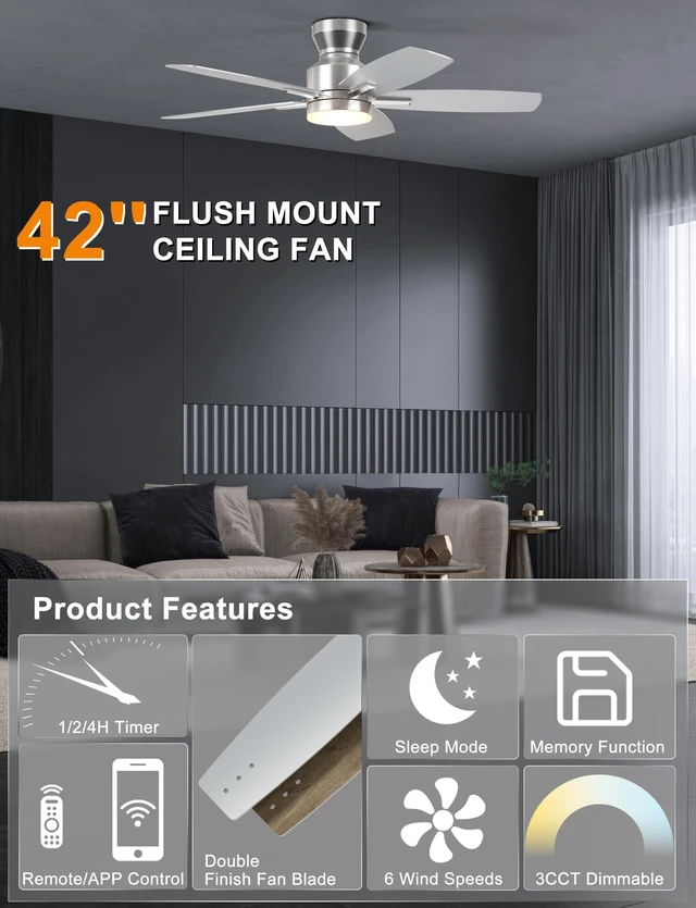 Alt view image 3 of 7 - 42'' Silver Low Profile Ceiling Fan with Lights, Remote/APP Control Flush Mount, Dimmable 3CCT LED, Quiet Reversible DC Motor; Memory Function, 4400 CFM, for Indoor Bedroom Kitchen