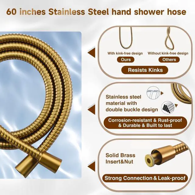 Alt view image 6 of 7 - Dual Shower Head with Handheld, High Pressure Rainfall Shower Head Combo, 60-Inch Stainless Steel Hose, Brushed Gold