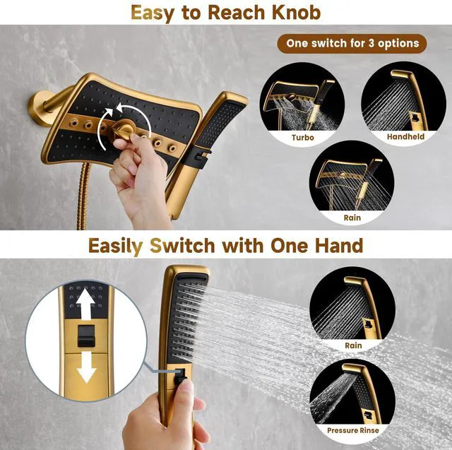 Alt view image 3 of 7 - Dual Shower Head with Handheld, High Pressure Rainfall Shower Head Combo, 60-Inch Stainless Steel Hose, Brushed Gold