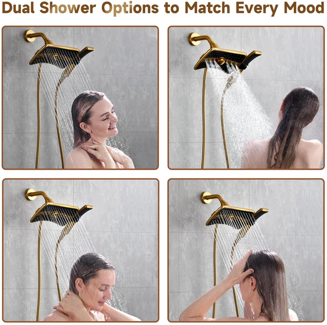 Alt view image 4 of 7 - Dual Shower Head with Handheld, High Pressure Rainfall Shower Head Combo, 60-Inch Stainless Steel Hose, Brushed Gold