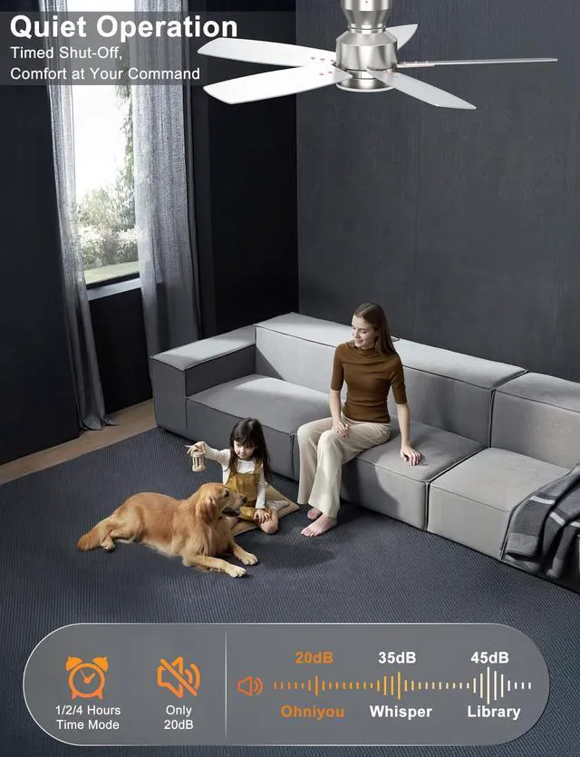 Alt view image 5 of 7 - 42'' Silver Low Profile Ceiling Fan with Lights, Remote/APP Control Flush Mount, Dimmable 3CCT LED, Quiet Reversible DC Motor; Memory Function, 4400 CFM, for Indoor Bedroom Kitchen