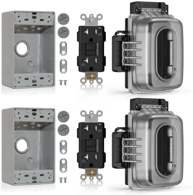 Main image of Outdoor GFCI Outlet with in Use Cover and Box Kit, 1 Gang, 20 Amp TRWR Self-Test GFI Receptacle, Extra Duty Metallic Electrical Outlet Box, Lockable in Use Cover, UL Listed, Black, 2 Pack