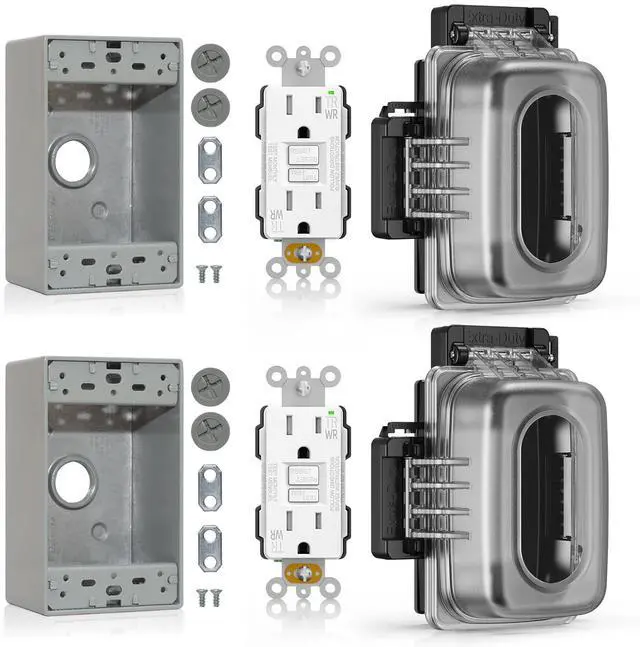 Main image of Outdoor GFCI Outlet with in Use Cover and Box Kit, 1 Gang, 15 Amp TRWR Self-Test GFI Receptacle, Extra Duty Metallic Electrical Outlet Box, Lockable in Use Cover, UL Listed, White, 2 Pack