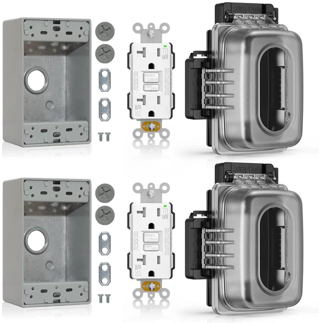Main image of Outdoor GFCI Outlet with in Use Cover and Box Kit, 1 Gang, 20 Amp TRWR Self-Test GFI Receptacle, Extra Duty Metallic Electrical Outlet Box, Lockable in Use Cover, UL Listed, White, 2 Pack