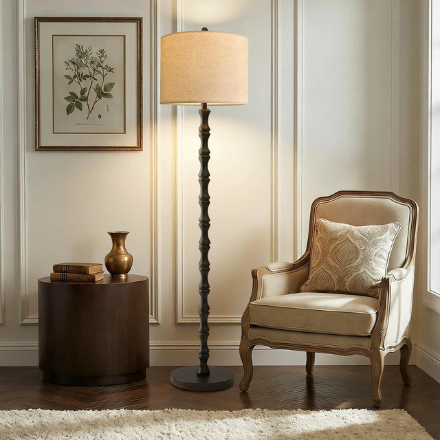 Alt view image 7 of 7 - Wood Floor Lamps for Living Room Rattan Floor Lamp with Remote Control& 3 Color Temperature,Dimmable Rustic Floor Lamp Black Mid Century Modern Standing Lamp Tall Farmhouse Floor Lamp For Bedroom