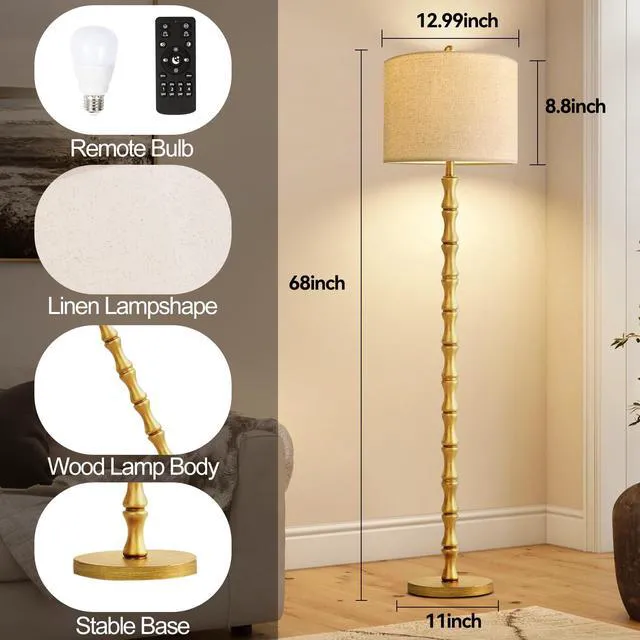 Alt view image 5 of 7 - Wood Floor Lamps for Living Room Rustic Floor Lamp with Remote Control & 3 Color Temperature,Dimmable Floor Lamp Gold Mid Century Modern Standing Lamp Tall Farmhouse Floor Lamp For Bedroom Corner