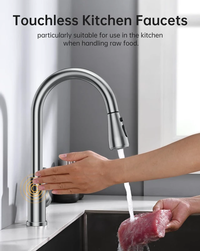 Alt view image 2 of 7 - Touchless Kitchen Faucet, Pull Down Sprayer, Brushed Nickel Hands-Free Motion Sensor, Easy Install, SUS304 Stainless Steel, Lead-Free, High Arc, 3 Spray Modes, 360 Swivel