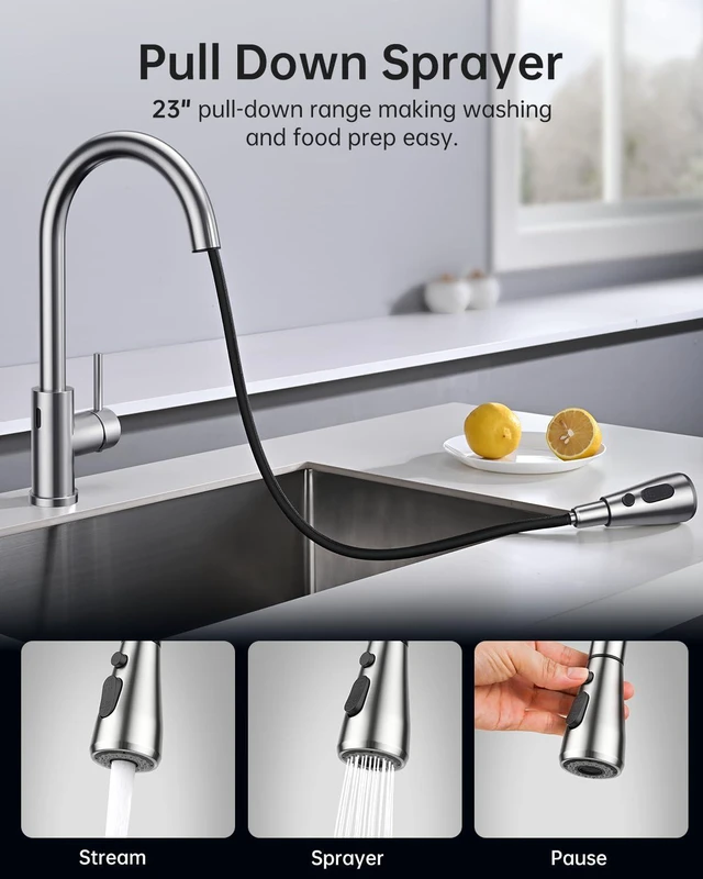 Alt view image 4 of 7 - Touchless Kitchen Faucet, Pull Down Sprayer, Brushed Nickel Hands-Free Motion Sensor, Easy Install, SUS304 Stainless Steel, Lead-Free, High Arc, 3 Spray Modes, 360 Swivel