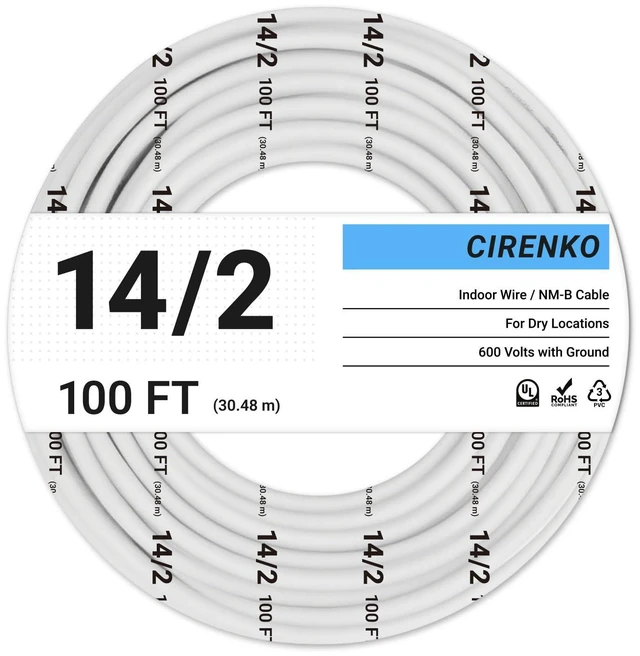 Main image of 14/2 NM-B Cable 100 FT, UL Listed 14 Gauge Indoor Wire with Ground Solid Bare Copper, No CCA, Durable White NM-B Jacket, Easy to Strip, for Residential Dry Locations, 600V Rated