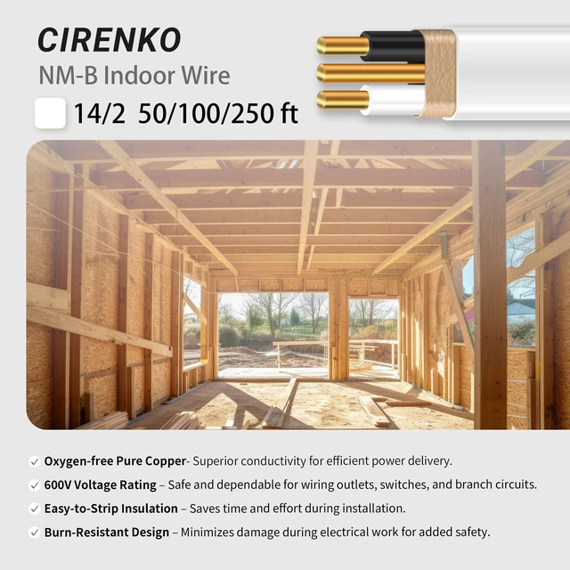 Alt view image 2 of 7 - 14/2 NM-B Cable 100 FT, UL Listed 14 Gauge Indoor Wire with Ground Solid Bare Copper, No CCA, Durable White NM-B Jacket, Easy to Strip, for Residential Dry Locations, 600V Rated