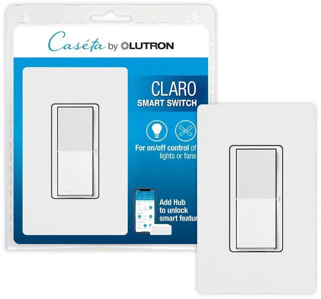 Main image of Caseta Claro Smart Switch & Wallplate for LED Lights (Smart Hub Req) For Caseta systems, smart switch for any bulbs, 5 amp, single-pole/3-way, neutral required, DVRFW-5NS-WH-A, White