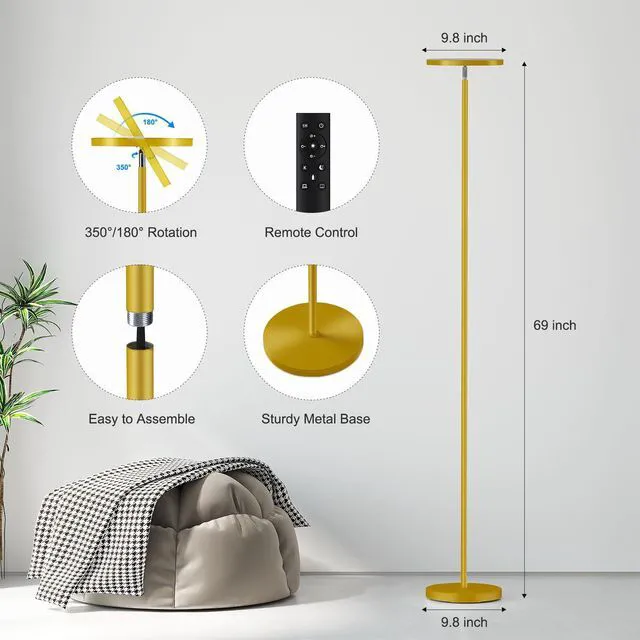 Alt view image 3 of 7 - Floor Lamps for Living RoomLED Standing Lamp with Remote Control 32W/3000LM Super Bright, 69" Tall Floor Lamp with Stepless Dimmable, Modern Torchiere Corner Lamp for Bedroom, Office Gold