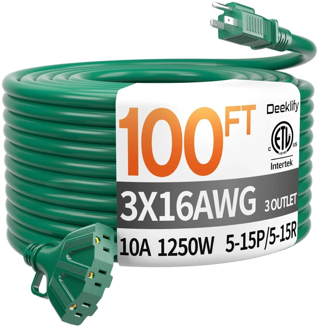 Main image of 100FT 16 Gauge Green Outdoor Extension Cord with Multiple Outlets 3 Outlet 100 Feet Green Extension Cord for Christmas light, Flexible Waterproof SJTW, Hook 13A 1625W, ETL Listed, Home/Garden