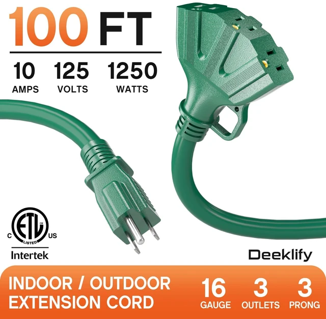 Alt view image 2 of 7 - 100FT 16 Gauge Green Outdoor Extension Cord with Multiple Outlets 3 Outlet 100 Feet Green Extension Cord for Christmas light, Flexible Waterproof SJTW, Hook 13A 1625W, ETL Listed, Home/Garden