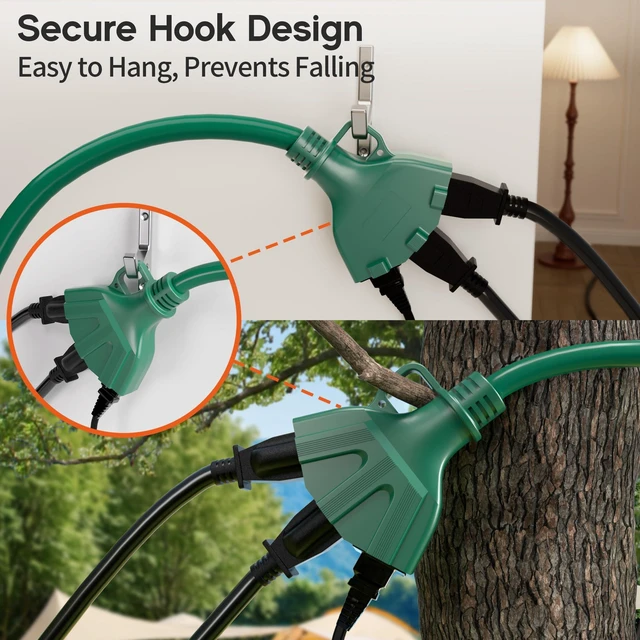 Alt view image 3 of 7 - 100FT 16 Gauge Green Outdoor Extension Cord with Multiple Outlets 3 Outlet 100 Feet Green Extension Cord for Christmas light, Flexible Waterproof SJTW, Hook 13A 1625W, ETL Listed, Home/Garden
