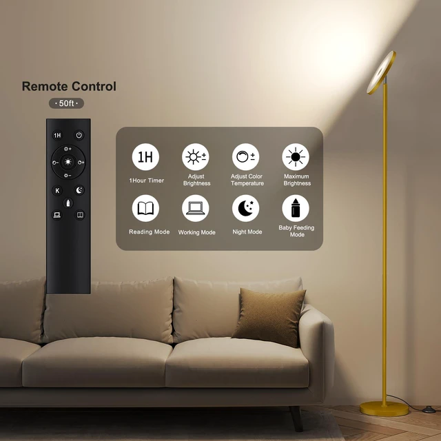 Alt view image 4 of 7 - Floor Lamps for Living RoomLED Standing Lamp with Remote Control 32W/3000LM Super Bright, 69" Tall Floor Lamp with Stepless Dimmable, Modern Torchiere Corner Lamp for Bedroom, Office Gold