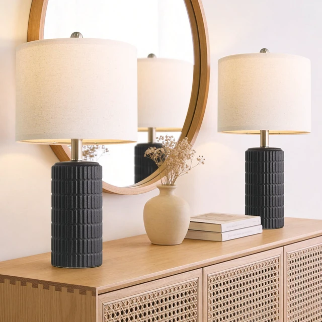 Alt view image 3 of 7 - Small Table Lamps Set of 2 for Bedroom, 20.75'' Matte-Textured Farmhouse Ceramic Bedside Lamps for Night Stands, Stone-Like Modern Lamps for Living Room End Table Hallway Entryway Decor Black