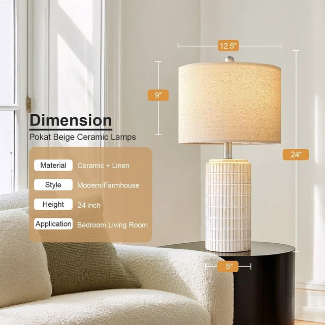 Alt view image 3 of 7 - 24" Modern Ceramic Table Lamps Set of 2 for Bedroom, White Bedside Lamps for Night Stands, Farmhouse Desk Decor Nightstand Table Lamps for Living Room End Table Beige