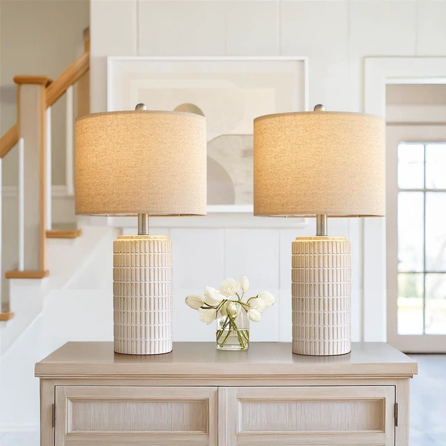Alt view image 6 of 7 - 24" Modern Ceramic Table Lamps Set of 2 for Bedroom, White Bedside Lamps for Night Stands, Farmhouse Desk Decor Nightstand Table Lamps for Living Room End Table Beige
