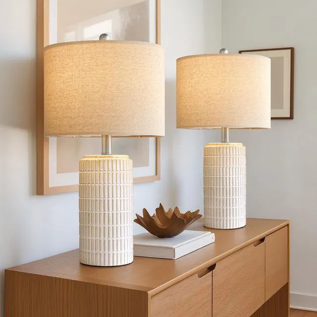 Alt view image 5 of 7 - 24" Modern Ceramic Table Lamps Set of 2 for Bedroom, White Bedside Lamps for Night Stands, Farmhouse Desk Decor Nightstand Table Lamps for Living Room End Table Beige