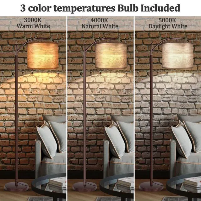 Alt view image 2 of 7 - Floor Lamp for Living Room, LED Standing Lamp Tall Industrial Floor Lamp Reading for Bedroom, Office (9W LED Bulb, Wood Grain Lampshade Included) - Oil-Rubbed Bronze