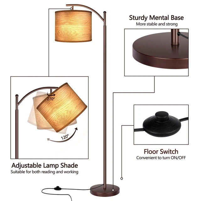 Alt view image 3 of 7 - Floor Lamp for Living Room, LED Standing Lamp Tall Industrial Floor Lamp Reading for Bedroom, Office (9W LED Bulb, Wood Grain Lampshade Included) - Oil-Rubbed Bronze