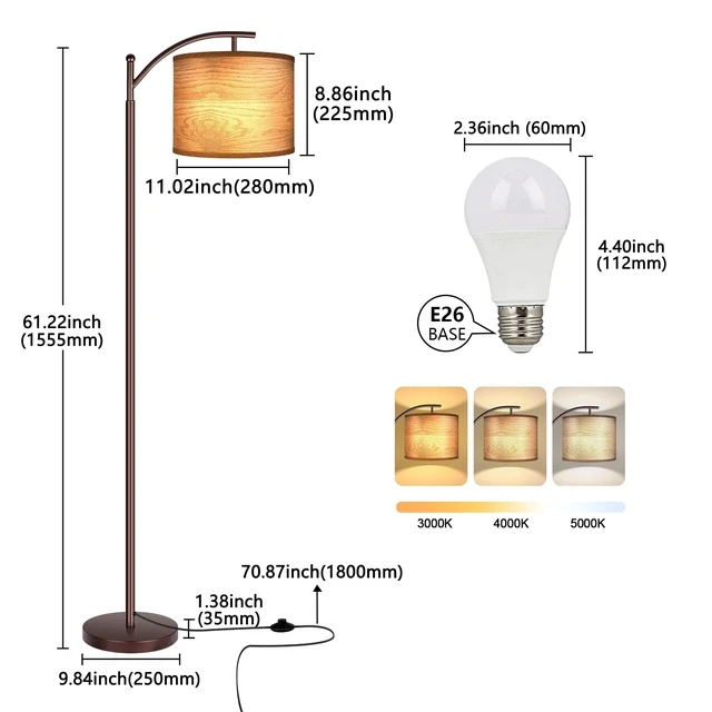 Alt view image 5 of 7 - Floor Lamp for Living Room, LED Standing Lamp Tall Industrial Floor Lamp Reading for Bedroom, Office (9W LED Bulb, Wood Grain Lampshade Included) - Oil-Rubbed Bronze