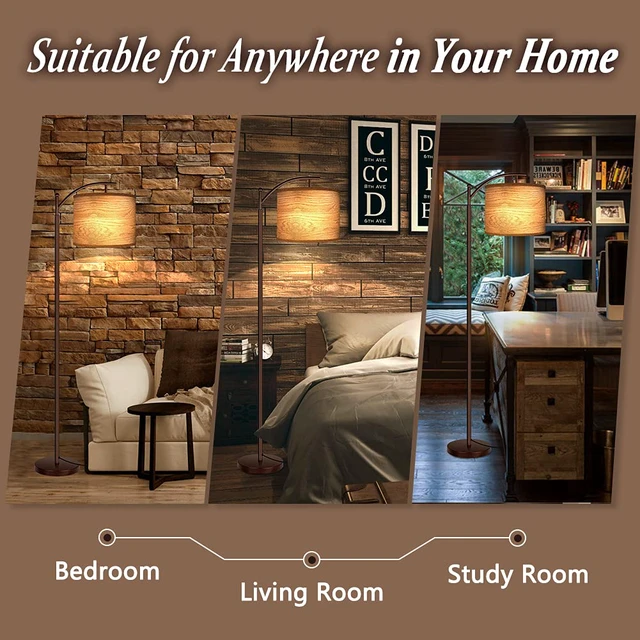 Alt view image 7 of 7 - Floor Lamp for Living Room, LED Standing Lamp Tall Industrial Floor Lamp Reading for Bedroom, Office (9W LED Bulb, Wood Grain Lampshade Included) - Oil-Rubbed Bronze